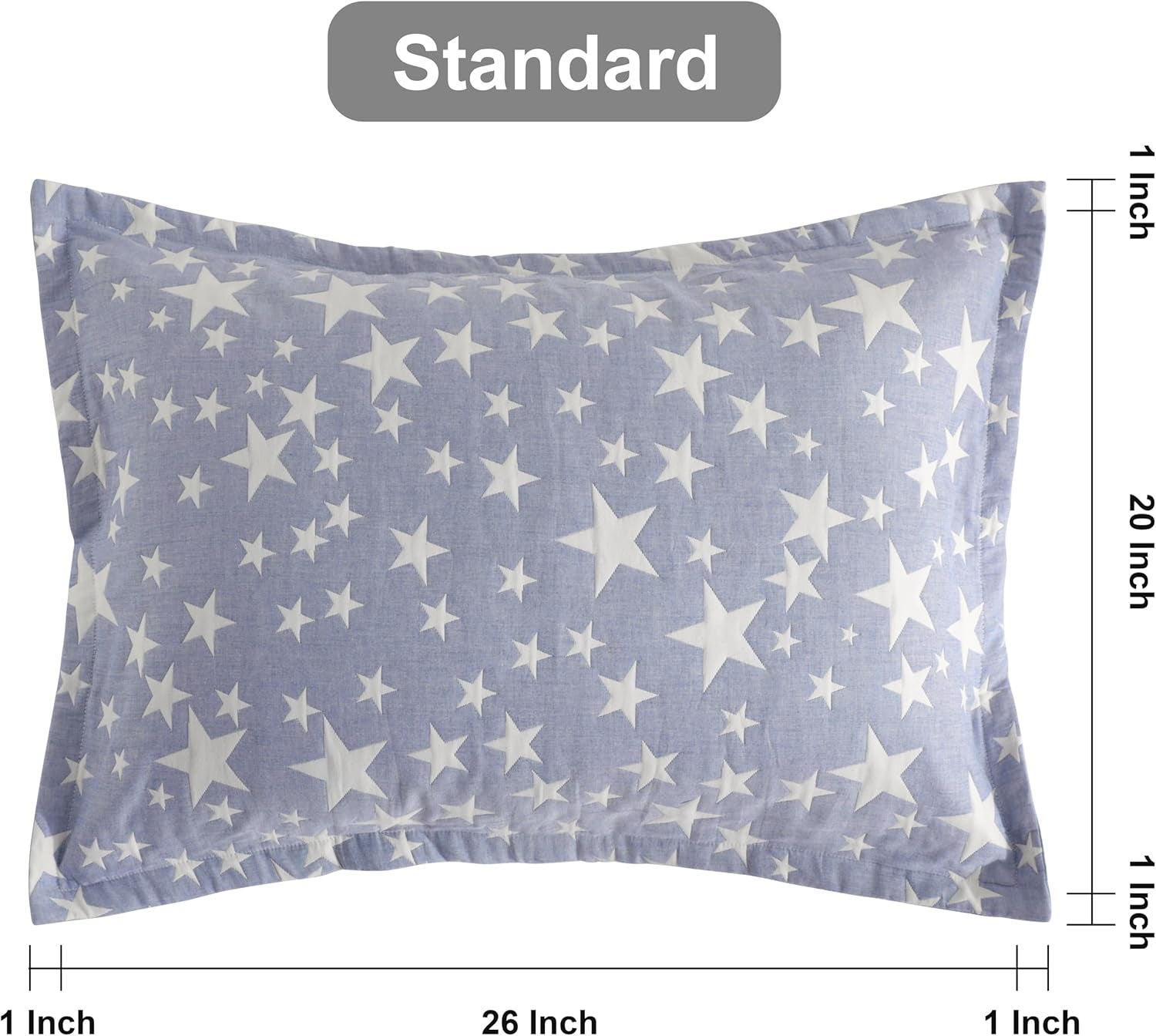 Cotton Standard Pillow Shams, 3 Layer Muslin Breathable Soft Thermal Yarn Dyed Sham Covers, 2 Pack 20X26 Oxford Pillowcases with Envelope Closure, Blue Stars