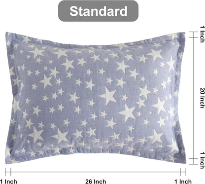 Cotton Standard Pillow Shams, 3 Layer Muslin Breathable Soft Thermal Yarn Dyed Sham Covers, 2 Pack 20X26 Oxford Pillowcases with Envelope Closure, Blue Stars