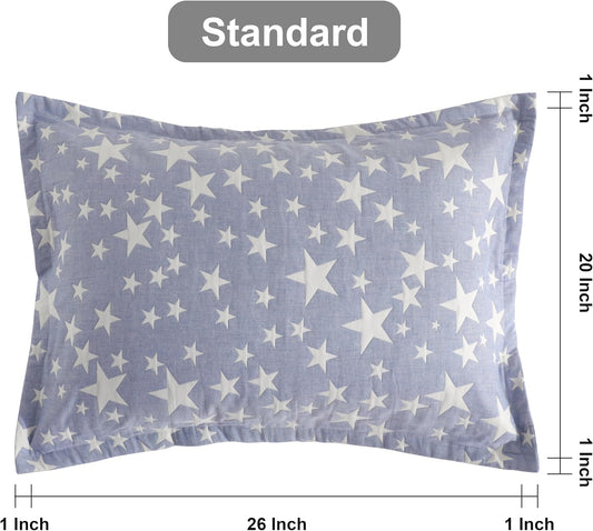 Cotton Standard Pillow Shams, 3 Layer Muslin Breathable Soft Thermal Yarn Dyed Sham Covers, 2 Pack 20X26 Oxford Pillowcases with Envelope Closure, Blue Stars