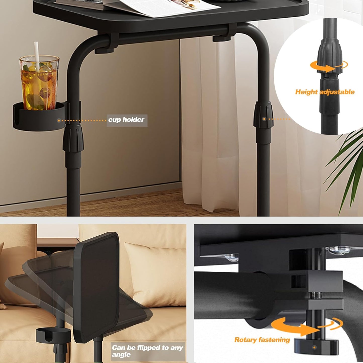 C Shaped End Table with Tiltable Surface, Adjustable Height Side Table, Slide under Couch Table TV Tray for Eating, Sofa Tray for Livingroom, Bedroom Black TB01BK091