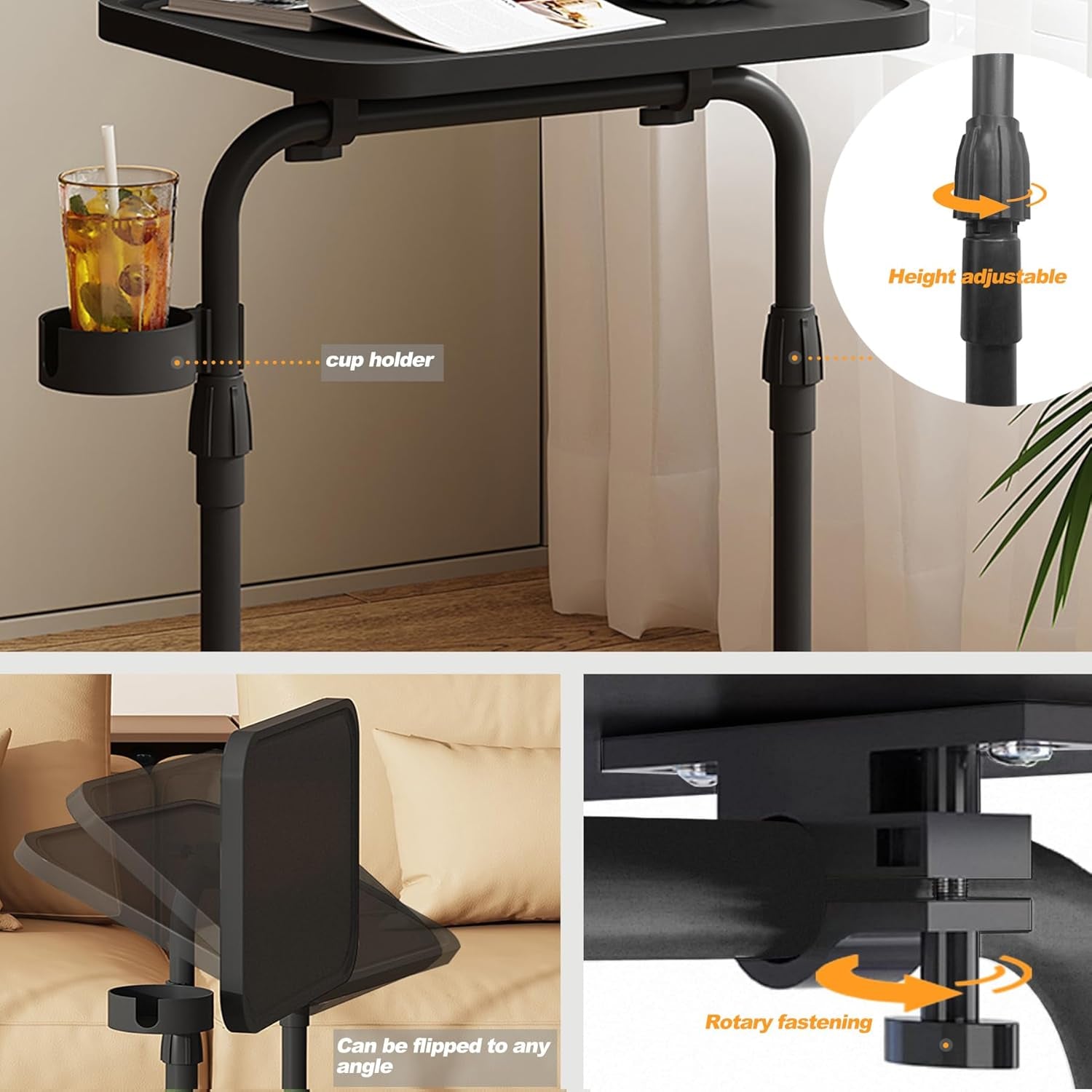 C Shaped End Table with Tiltable Surface, Adjustable Height Side Table, Slide under Couch Table TV Tray for Eating, Sofa Tray for Livingroom, Bedroom White TB01BW091