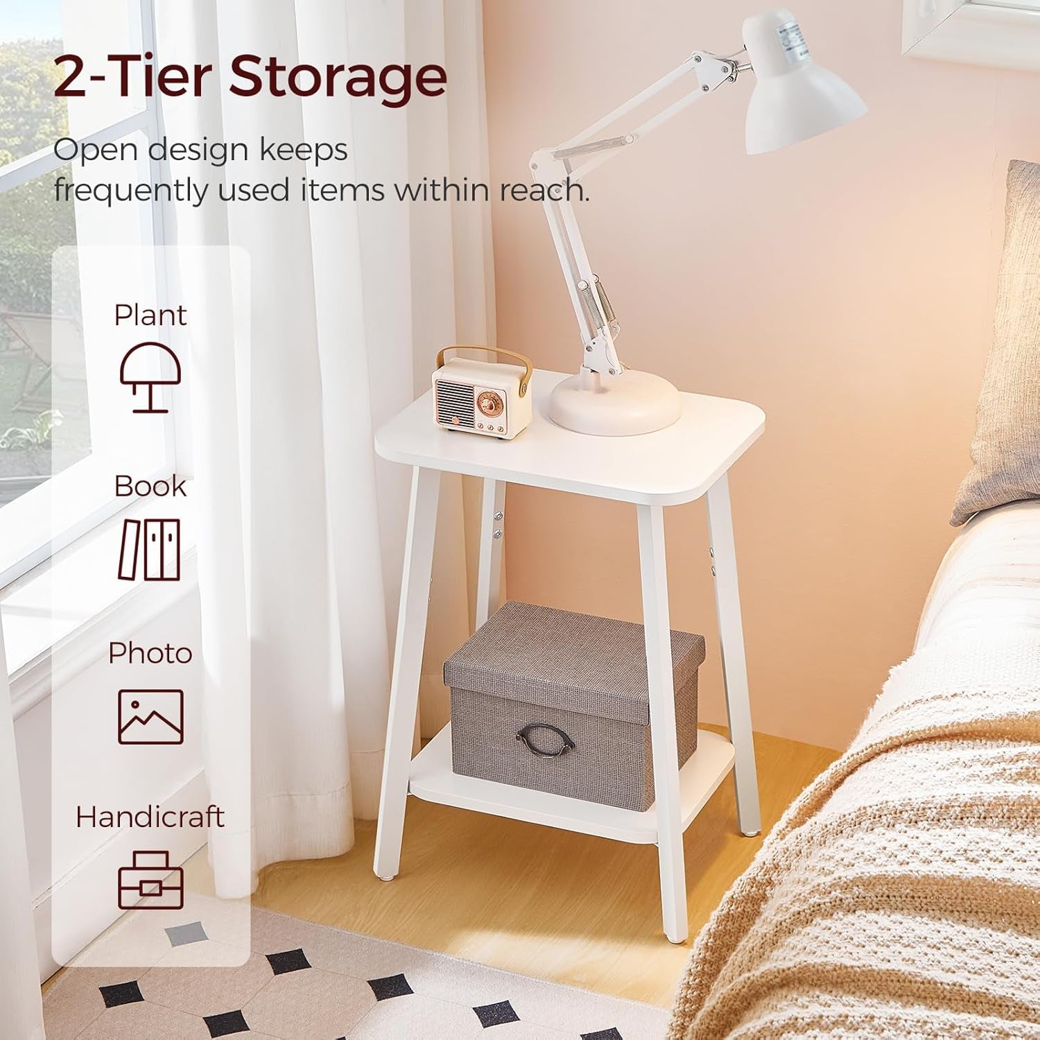 Side Table, Small Rectangular End Table with Storage Shelf, 2-Tier Bedside Table Sofa Couch Table, Nightstand for Small Spaces, Living Room, Bedroom, White ETWT4701