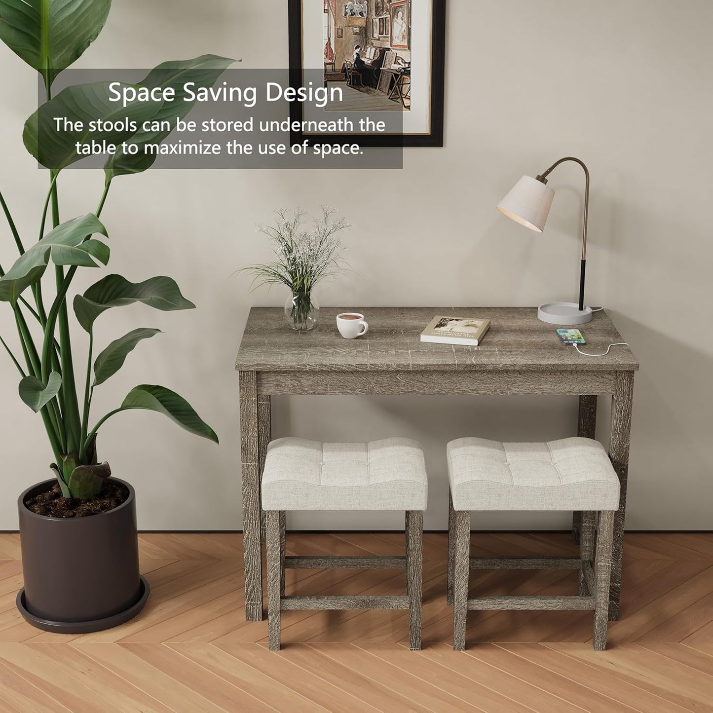 3-Piece Counter Height Bar Table Set with Socket and 2 Fabric Padded Bar Stools, Tall Kitchen Breakfast Dining Table Set with Stools (1+2 Natural)