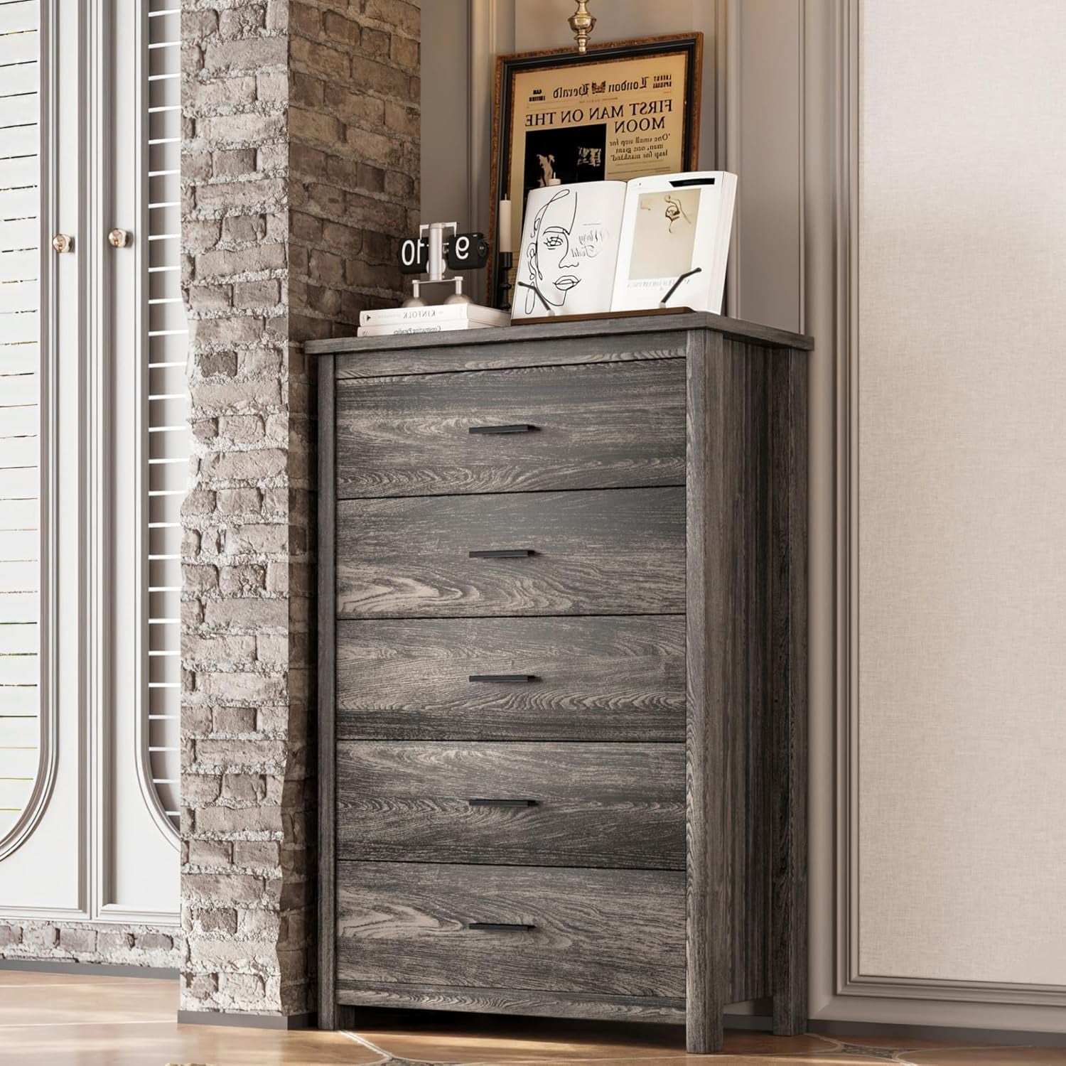 4-Pcs Queen Size Bed Frame Dresser Night Stand Bedroom Set, Platform with USB Charging Ports Storage Headboard & 1 X 5 Drawers Cabinet & 2 X Nightstands, Wooden, Antique Grey
