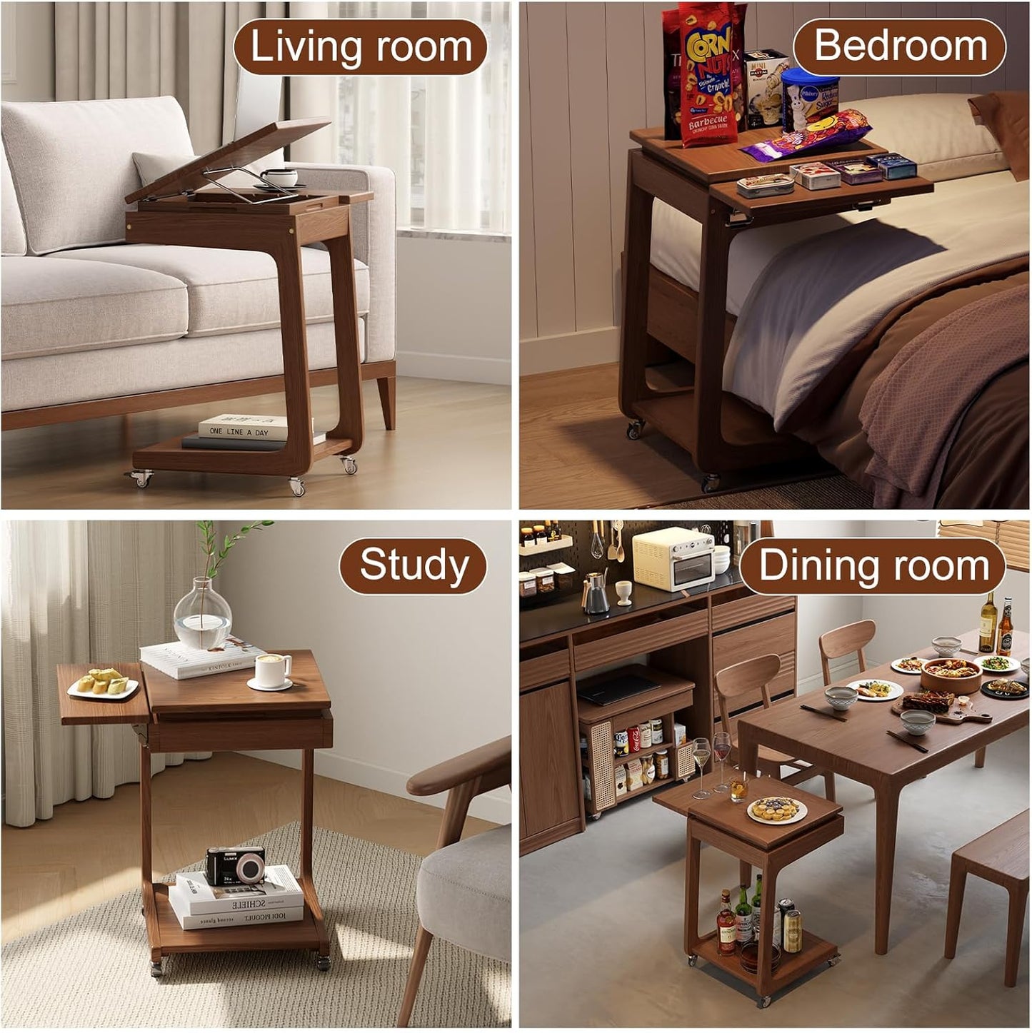 Solid Wood C Shaped End Table for Couch,Walnut C Table with Wheels,Small Side Table with Adjustable Desktop,Couch Desk with Storage,Rolling Tv Tray with Folding Shelf,Modern Bedside Table