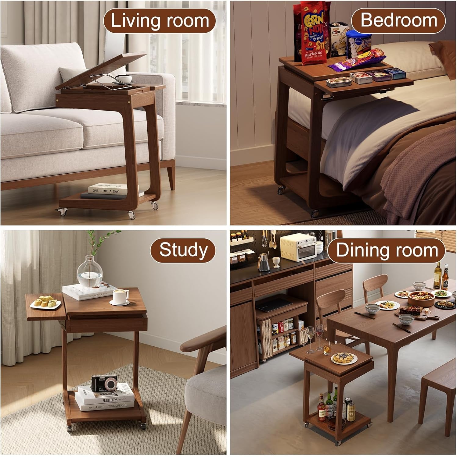 Solid Wood C Shaped End Table for Couch,Walnut C Table with Wheels,Small Side Table with Adjustable Desktop,Couch Desk with Storage,Rolling Tv Tray with Folding Shelf,Modern Bedside Table
