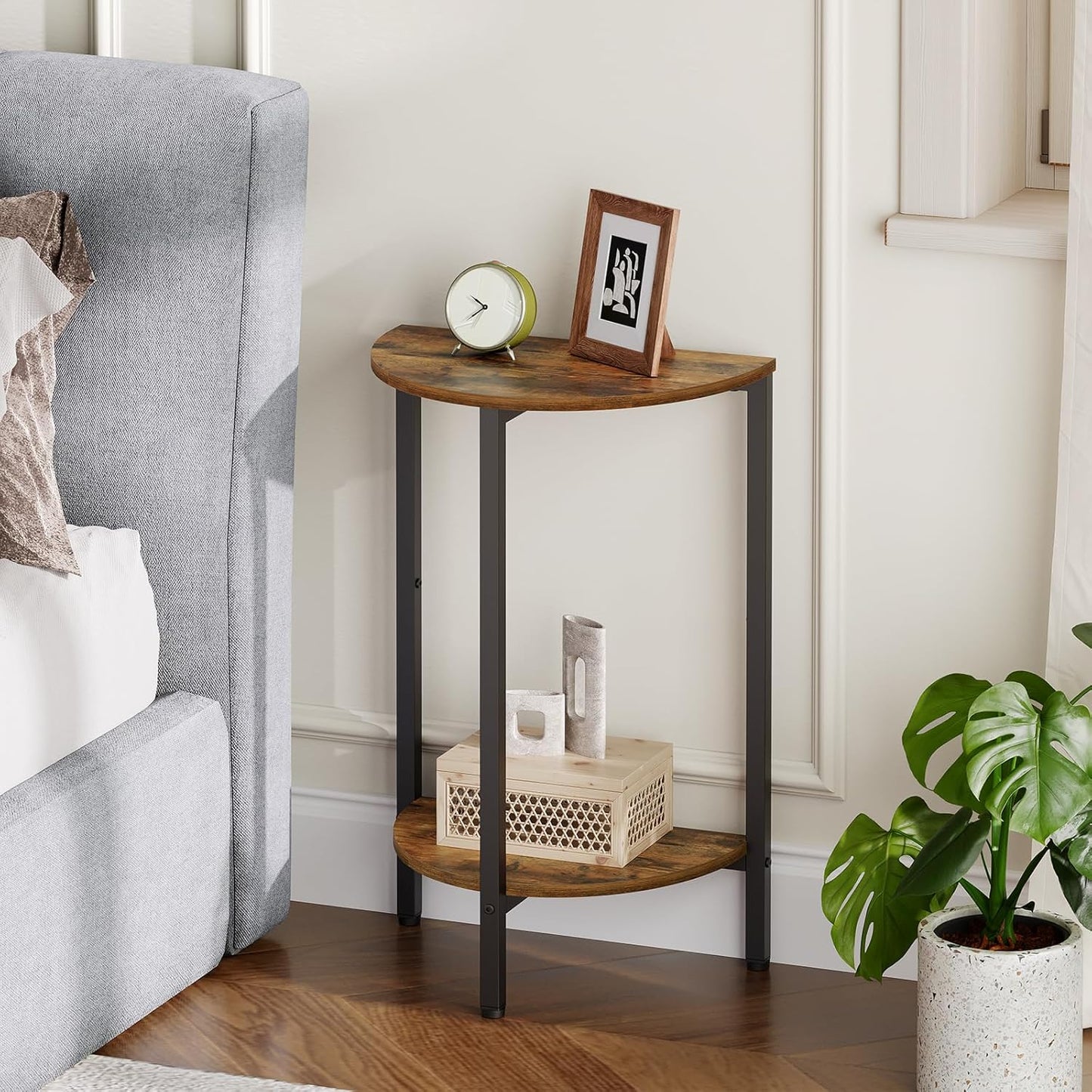 Side Table, Small End Table Set of 2, Half round Side Table, Half Moon Table, 2-Tier Narrow Sofa Table, Nightstand with Open Sheleves, Entryway Table for Living Room, Rustic Brown ET07L2BR