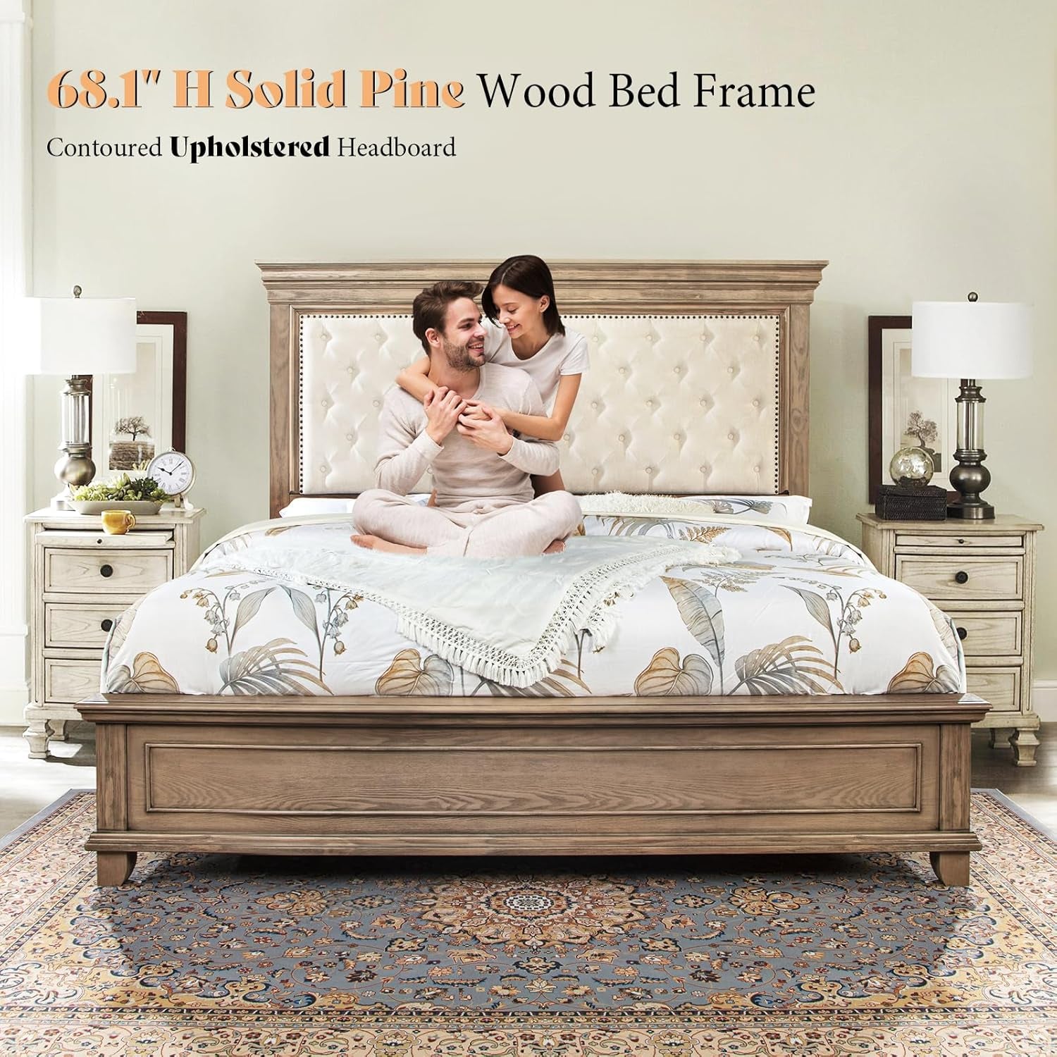68.1" H King Size Bed Frame with Upholstered Headboard, Solid Wood Farmhouse Platform Bed, Architectural Design, No Box Spring Needed, Light Oak
