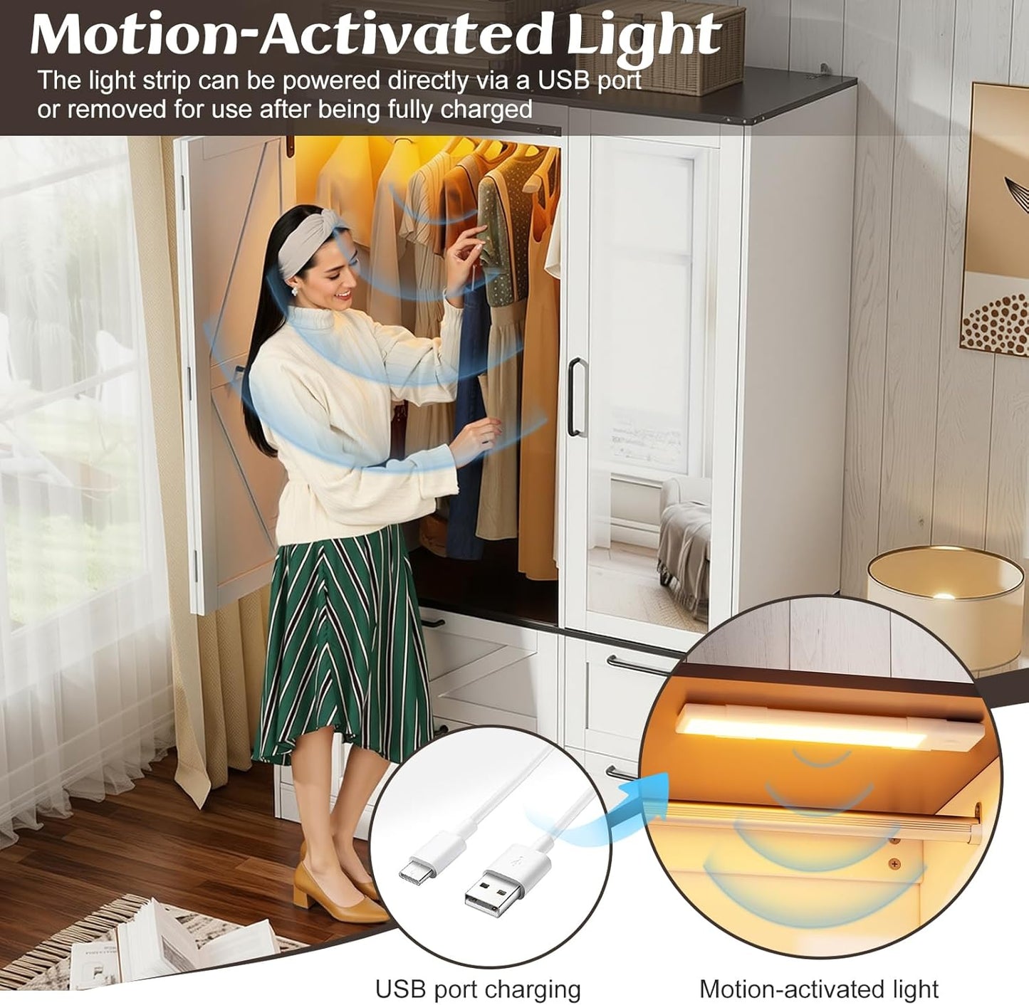 Armoire Wardrobe Closet with W/Folding Sliding Barn Door, Bedroom Armoires with Mirror and Sensor Lights, Hanging Rod, Wardrobe Closet for Bedroom (19.69" D X 47.24" W X 72.83" H)