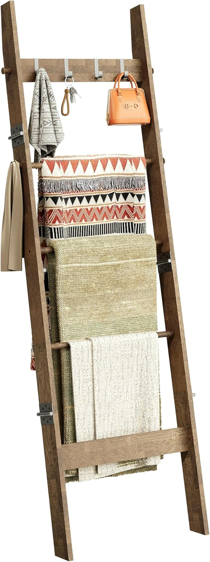 5-Tier Bamboo Ladder Shelf, Farmhouse Style Blanket Ladder, Rustic Decorative Ladder with 4 Removable Hooks, Brown