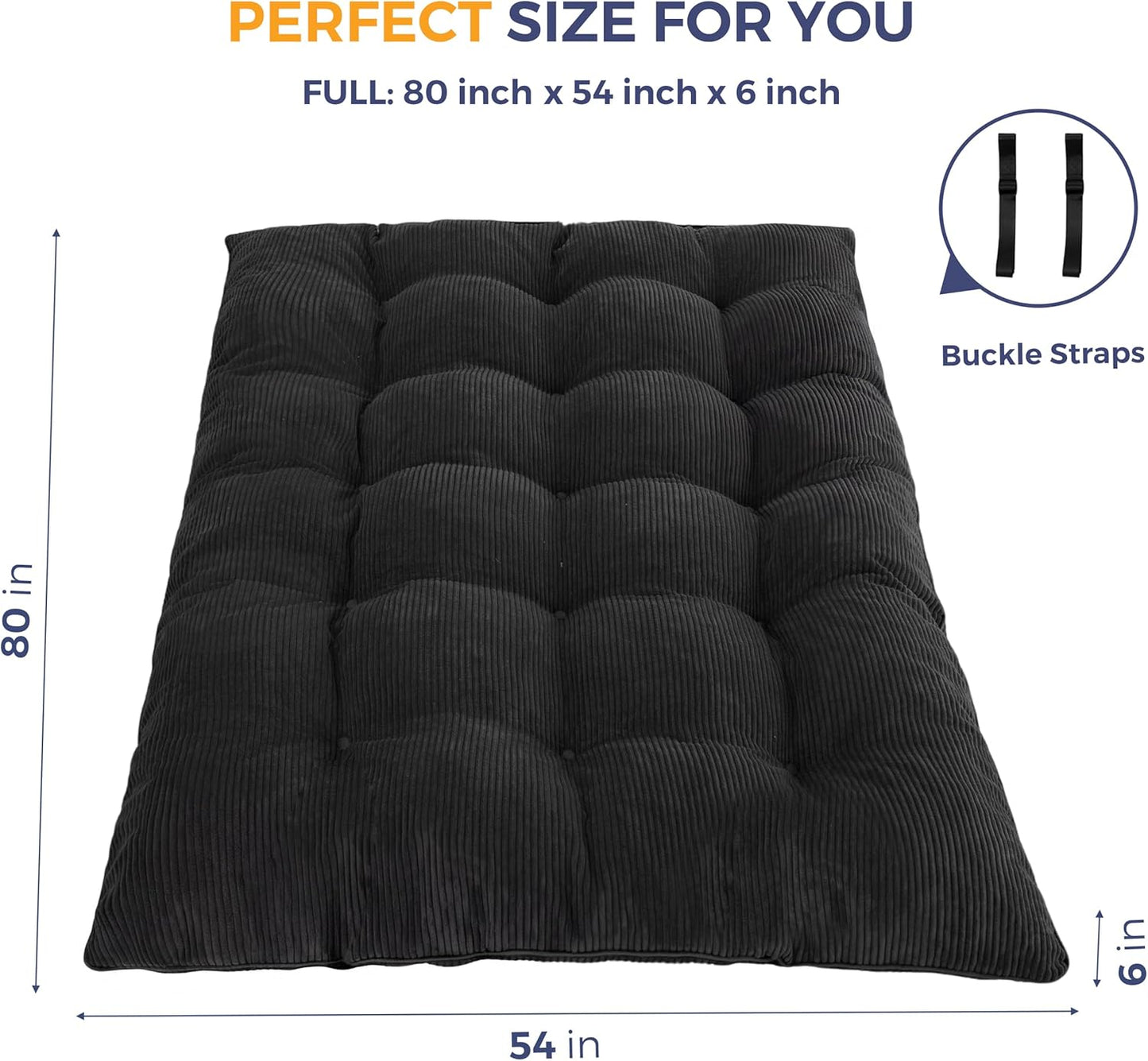 6" Japanese Floor Mattress, Foldable Futon Mattress Full Size, Tufted Roll up Floor Bed, Thick Tatami Mat Sleeping Pad Portable Lounger for Camping Guest Room Dormitory Bedroom RV, Black
