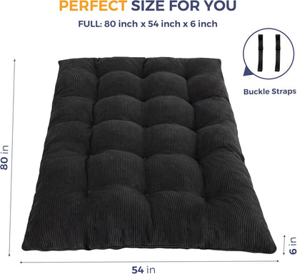 6" Japanese Floor Mattress, Foldable Futon Mattress Full Size, Tufted Roll up Floor Bed, Thick Tatami Mat Sleeping Pad Portable Lounger for Camping Guest Room Dormitory Bedroom RV, Black