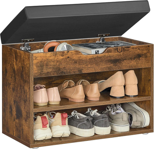 Shoe Bench with Cushion, Storage Bench with Padded Seat, Entryway Bench with 3 Storage Compartments, 11.8 X 23.6 X 17.3 Inches, for Bedroom, Living Room, Rustic Brown ULHS020K03
