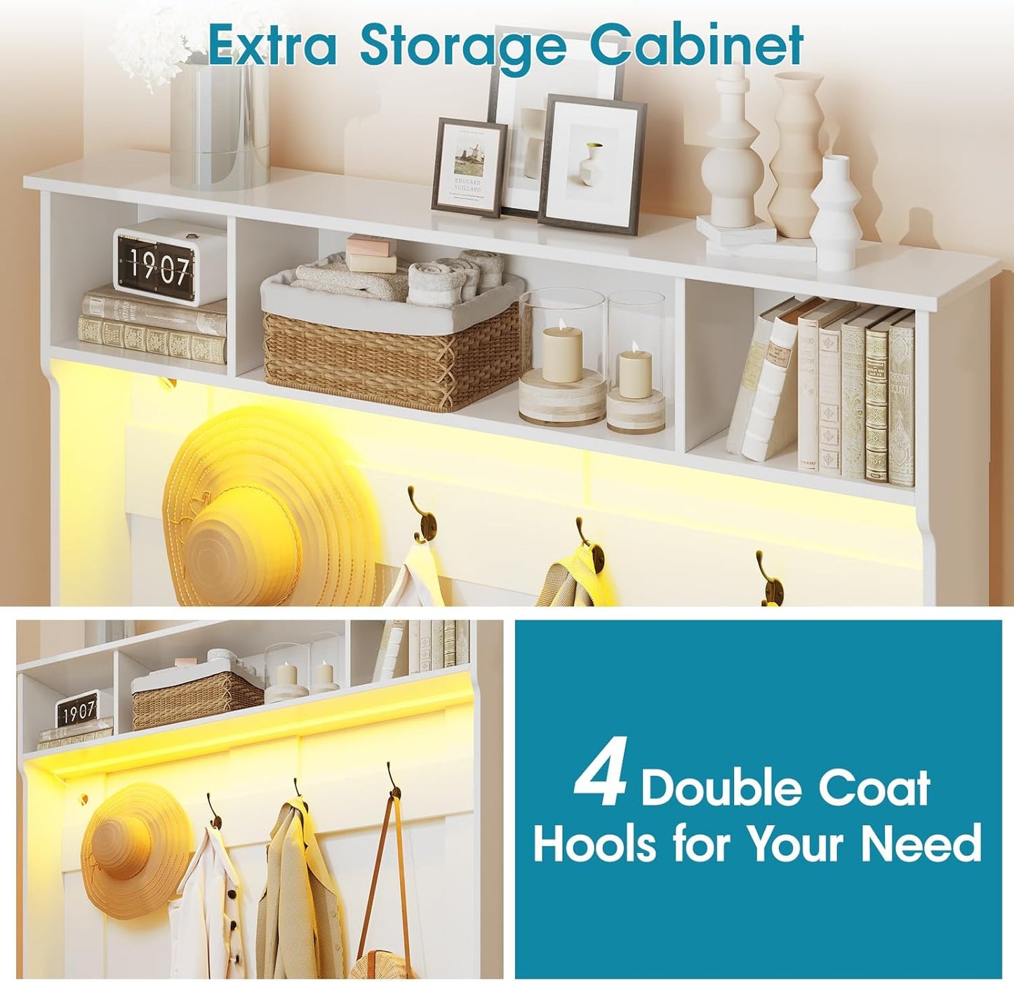 Hall Tree with Bench and Shoe Storage, Coat Rack with Shoe Bench, 6 Shoe Cubbies, 4 Coat Hooks, LED Lights, Entryway Hall Tree, Wood Coat Tree with Soft Cushion for Hallway, Mudroom