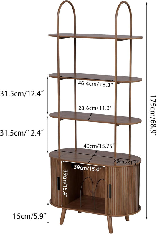 Tall Vinyl Record Player Stand, 4 Tier Arched Bookshelf with Sliding Doors, Retro Small Record Storage Cabinet, Fluted Media Display Shelf, Mid Century Modern Turntable Stand for Living Room, Walnut