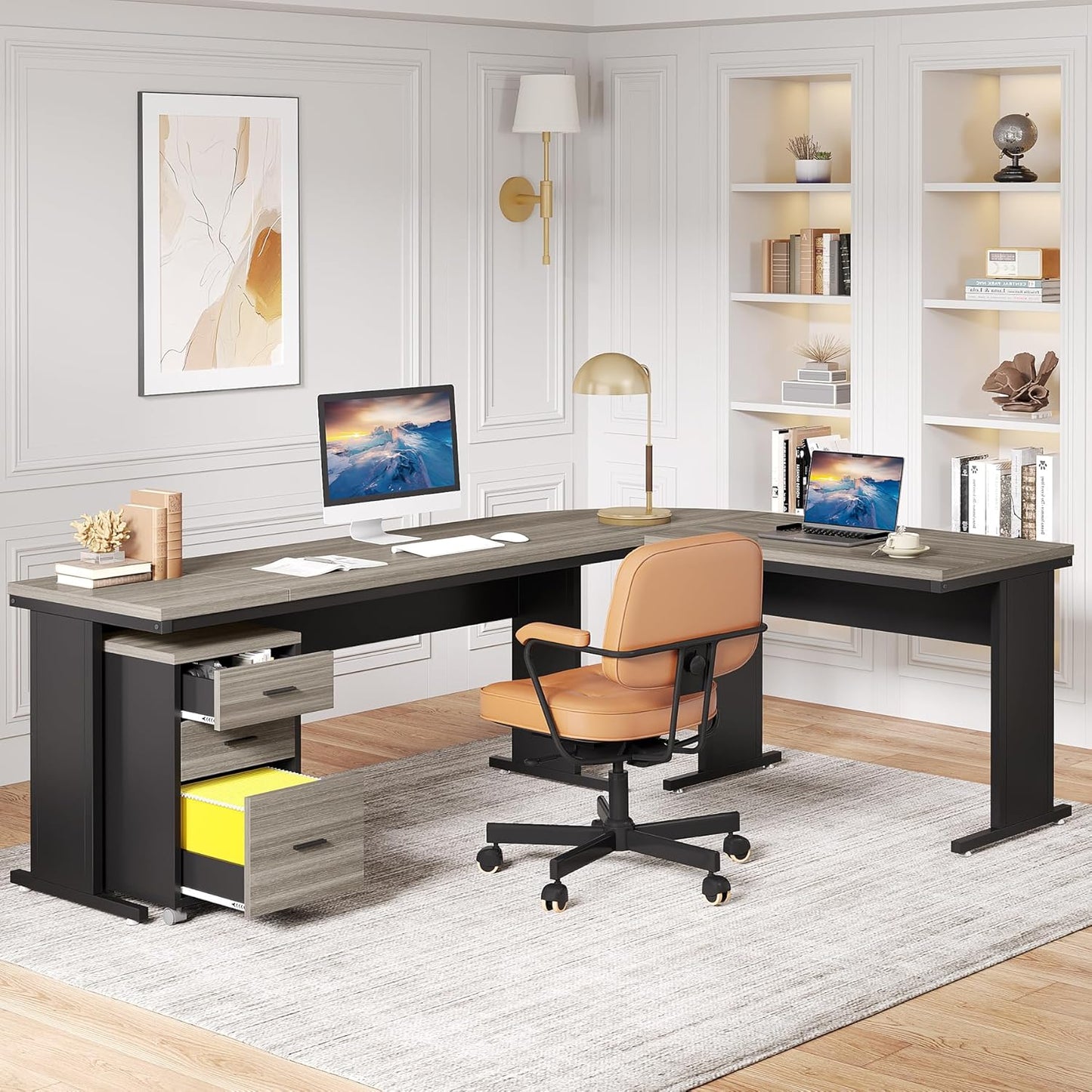 83" L-Shaped Executive Desk, Large Office Desk with Drawes, Industrial Corner Computer Table with File Cabinet, Business Workstation for Home Office (Gray, 83")