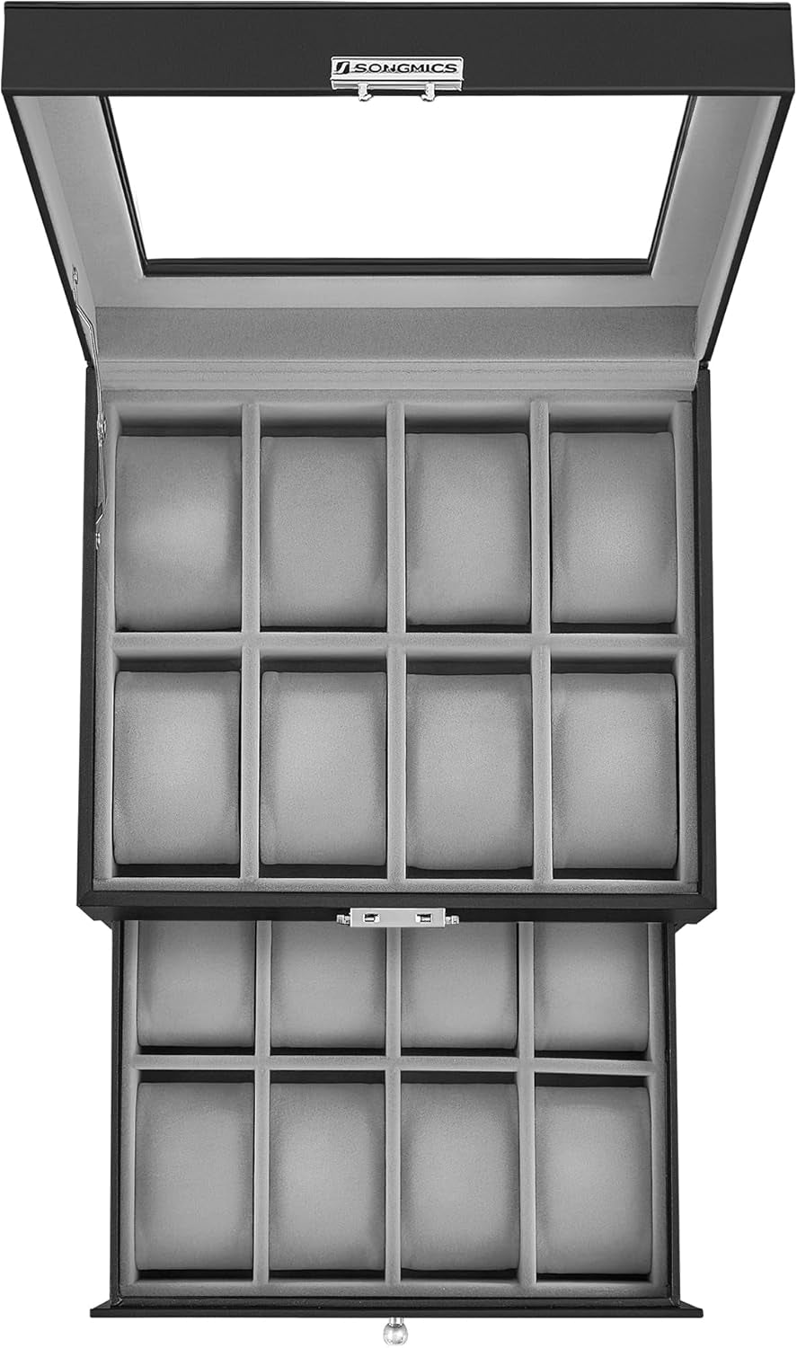 16-Slot Watch Box, Watch Case with Glass Lid, 2 Layers, Lockable Watch Display Case, Black Synthetic Leather, Greenish Gray Lining UJWB016G01