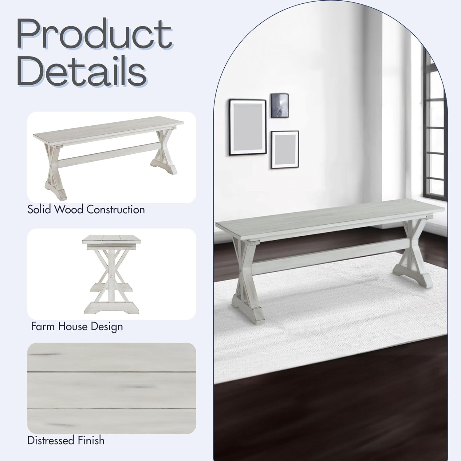 Jamestown Backless Dining Room Bench, Antique White