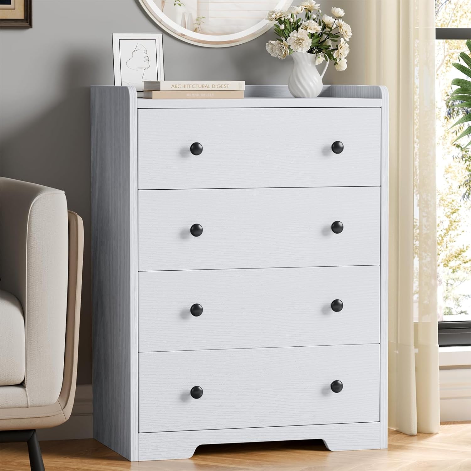 4-Drawer Dresser for Bedroom - White Wood Chest of Drawers Closet Storage Cabinet Organizer for Bedroom, Living Room, Hallway & Office