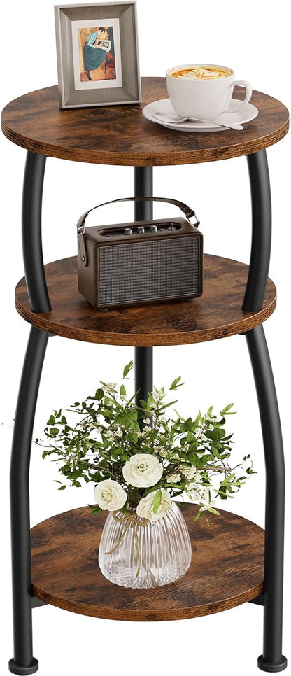 Small round Side Table, 3-Tier End Table with Storage Shelf, Slim Sofa Table Coffee Table, Sturdy & Easy Assemble Nightstand for Small Spaces, Living Room Bedroom Corner, Rustic Brown