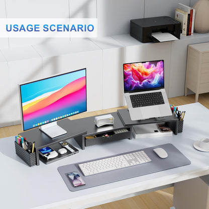 Dual Monitor Stand Riser, Desk Organizer with Drawer and 2 Pen Holders, Computer Monitor Stand, Shelf for Top of Desk, Black