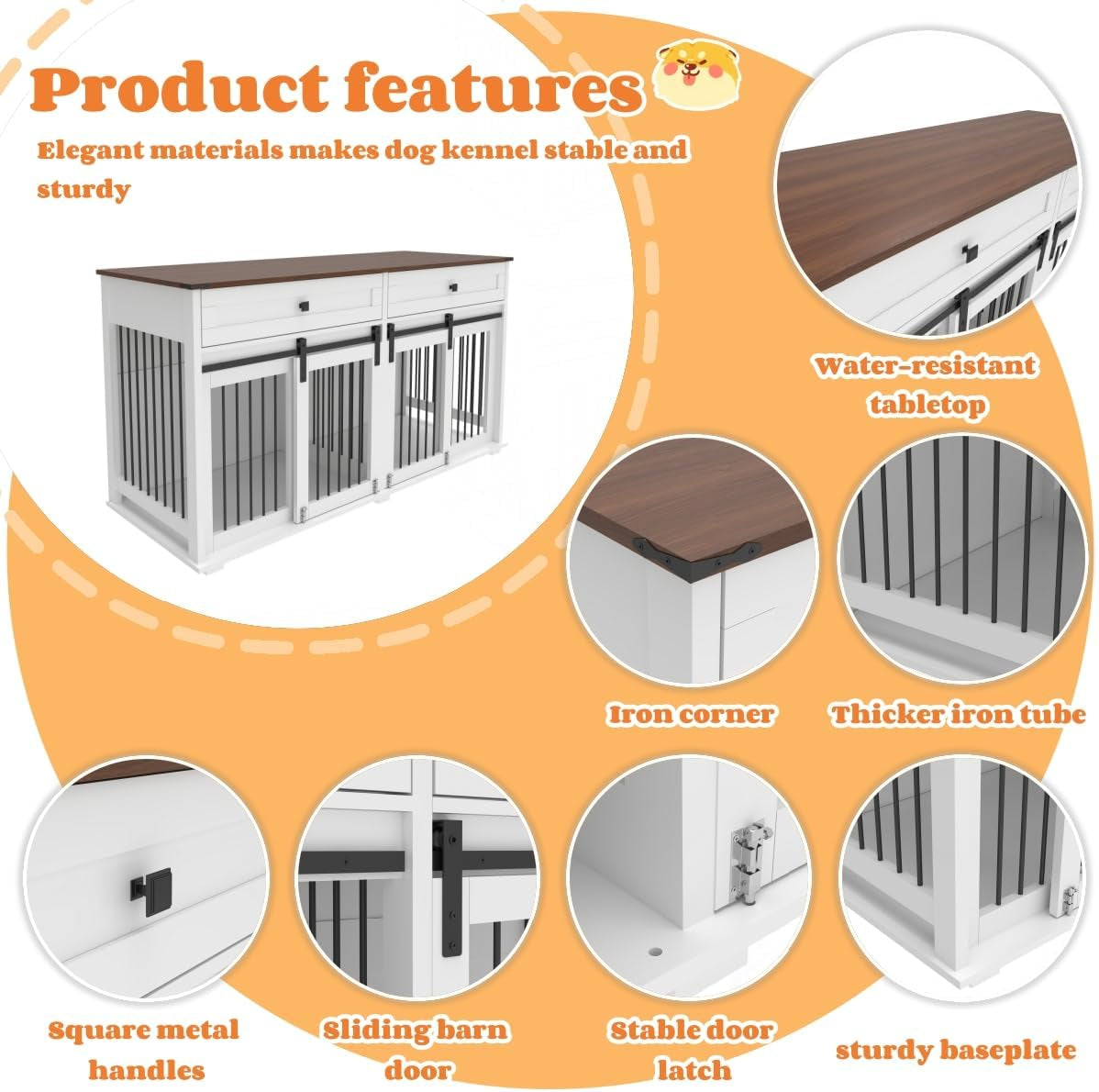 63'' Double Dog Crate Furniture for 2 Dogs, XXL Wooden 2 Dog Kennel, Wooden Dog Kennel with 2 Drawers,Divider and Sliding Door, Indoor Furniture Style Dog Crate End Table, White