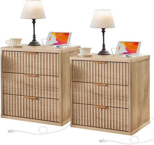 23" Wide Fluted Farmhouse Night Stand Set of 2 with Charging Station, 3 Drawers Large End Table W/Metal Handle, Natural Nightstand Bedside Table,Wood Dresser for Bedroom, Closet