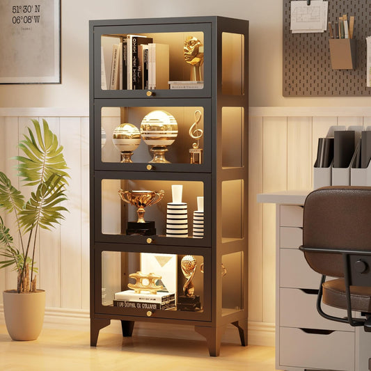 4 Tier Glass Display Cabinet with Flip-Up Doors, 55" Curio Cabinet with 13-Color LED Lights, 3-Side Tempered Glass Display Case for Books, Collectibles, Figures, Black