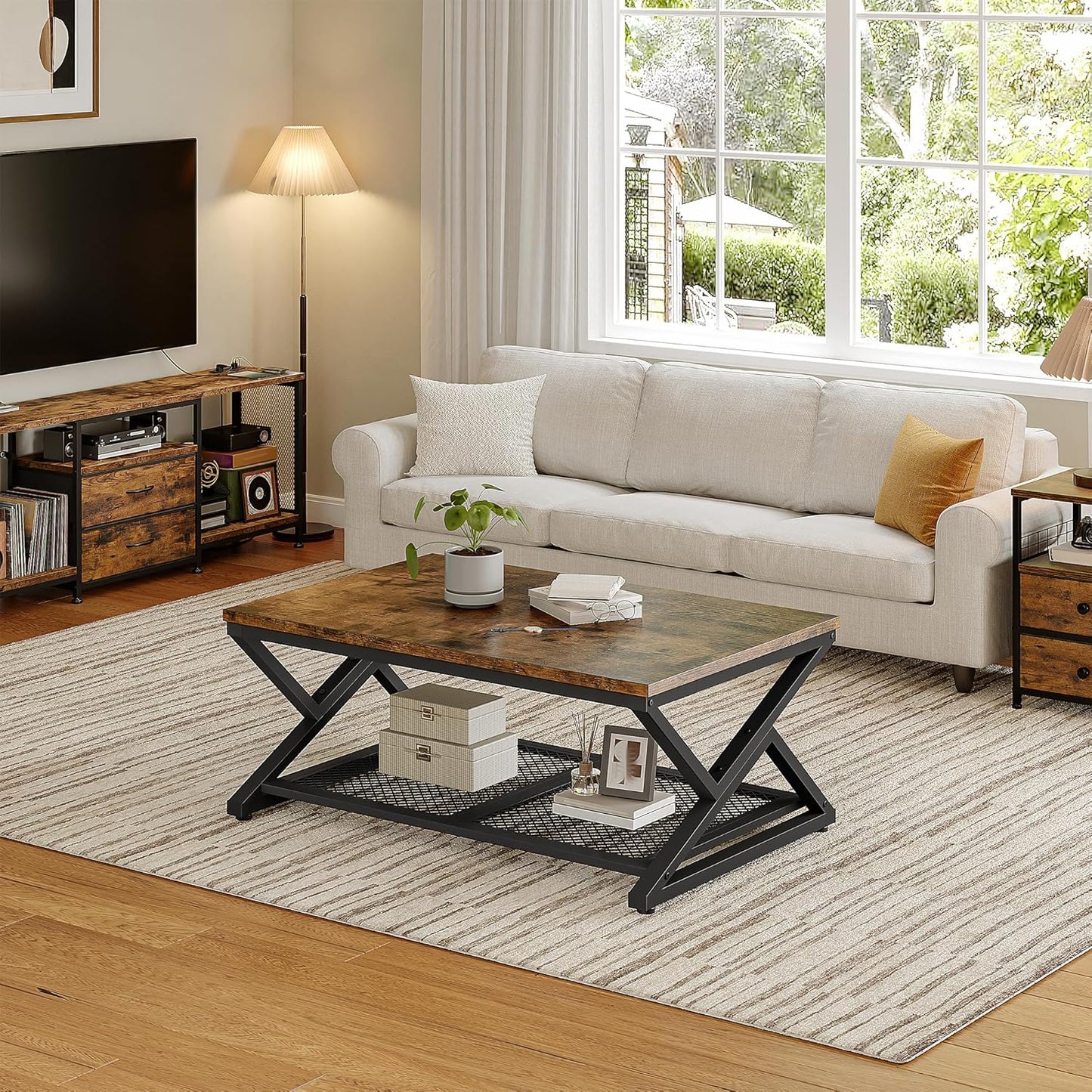 Coffee Table with Storage, Modern Coffee Tables for Living Room with Mesh Shelf, 2 Tier Rectangular Center Table for Living Room, Bedroom, 39.4 Inch, Rustic Brown