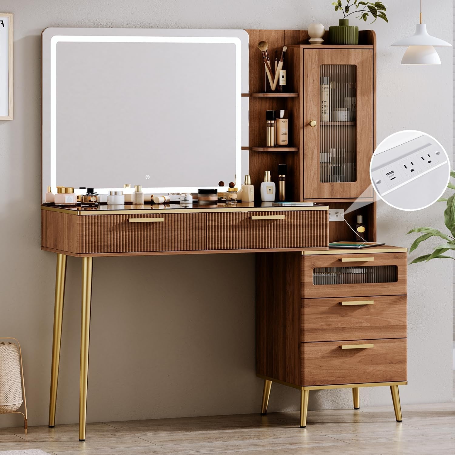 47.24" Big Modern Vanity Desk with Mirror and Lights,Makeup Vanity Desk with 5 Drawers and Storage Shelves & Power Outlet,Dressing Table with Glass Top, Brown