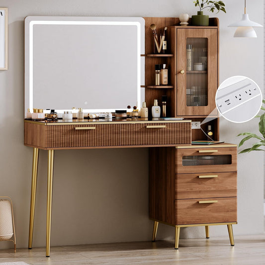 47.24" Big Modern Vanity Desk with Mirror and Lights,Makeup Vanity Desk with 5 Drawers and Storage Shelves & Power Outlet,Dressing Table with Glass Top, Brown