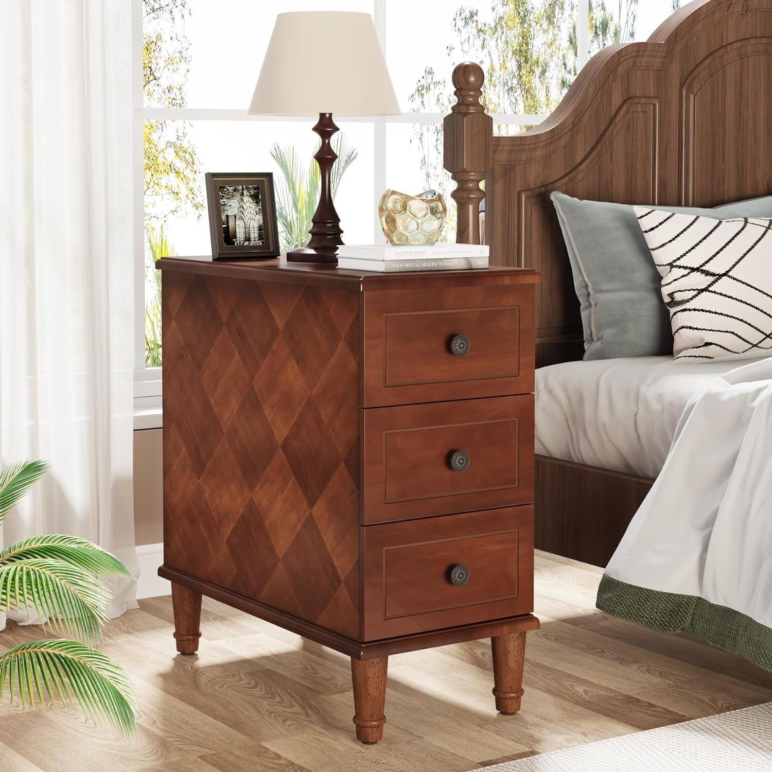 Solid Wood End Table, Fully Assembled Narrow Side Table with Drawers, Pre-Assembled Nightstand Slim Bedside Table for Small Spaces, Living Room, Bedroom, Brown