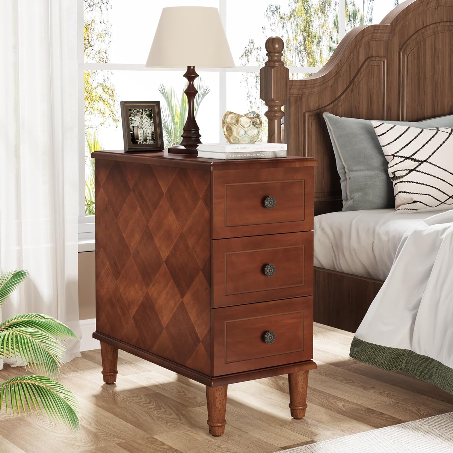 Fully Assembled End Table, Narrow Side Table with 3 Drawers, Pre-Assembled Nightstand Slim Bedside Table for Small Spaces, Living Room, Bedroom, Brown