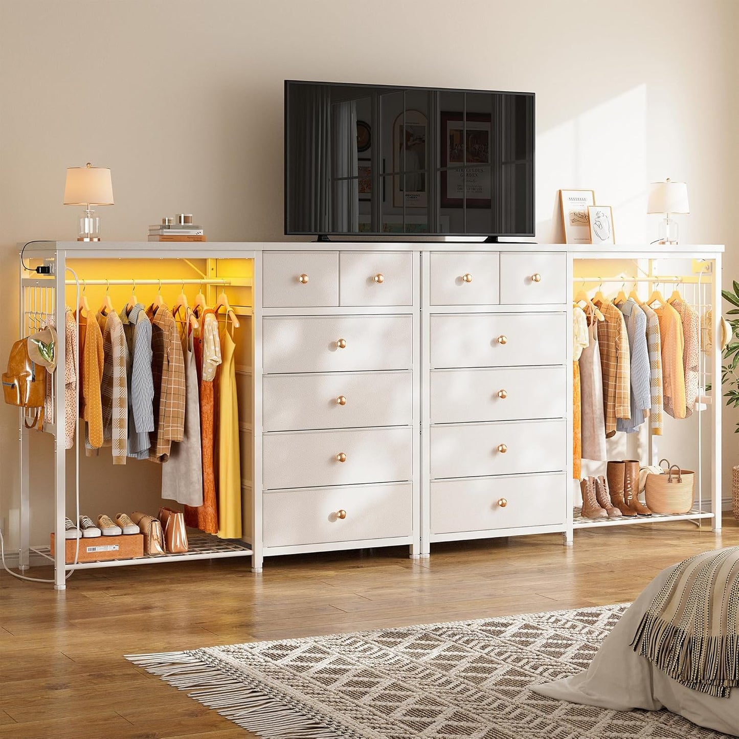 49.2" W White Dresser for Bedroom with Hanging Rack, 6 Drawers Dresser with LED Lights & Charging Station, Fabric Dressers & Chest of Drawers with Rack, Wooden Top, Grid Panel