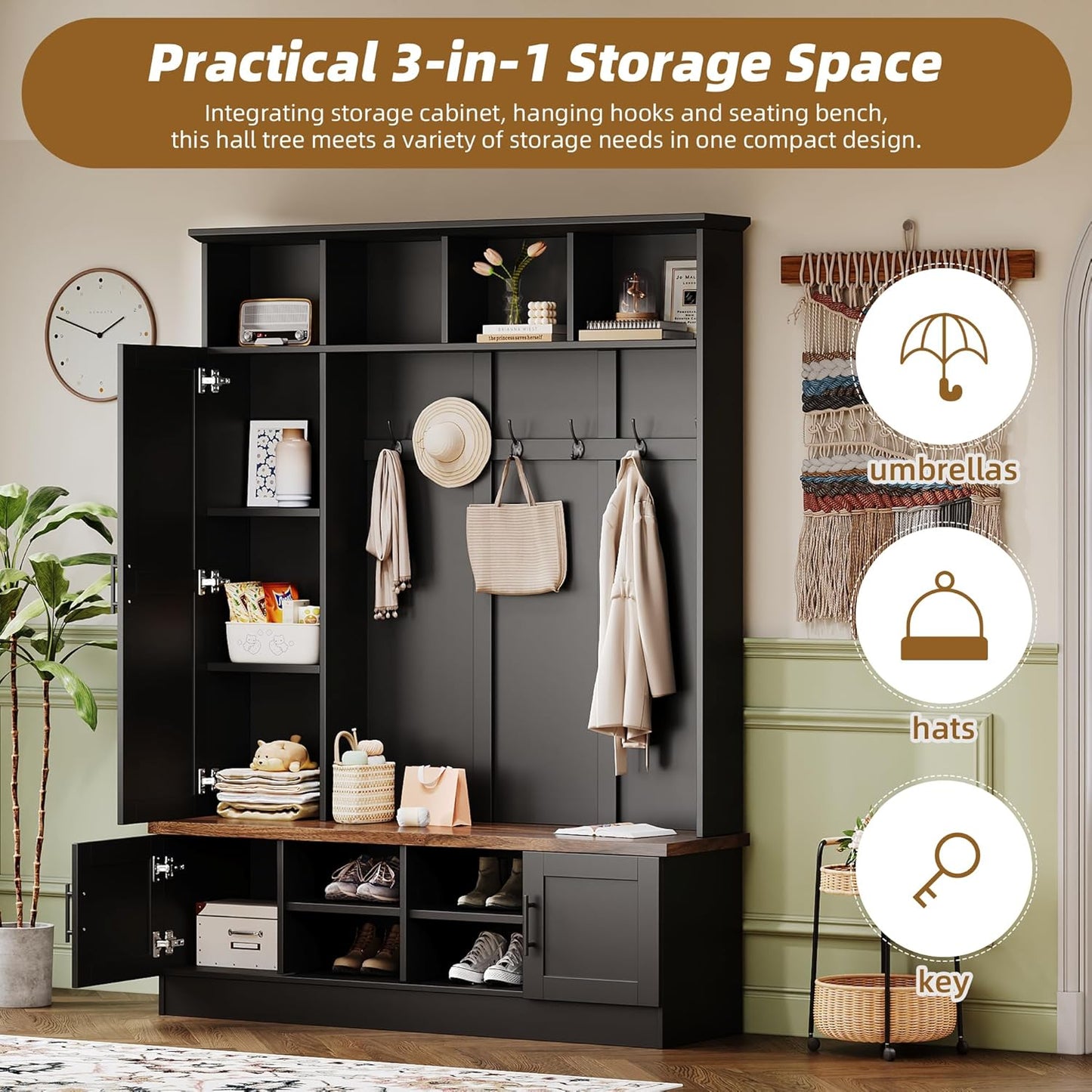 Farmhouse Wood Hall Tree with Shoe Bench and 2 Drawers, 4-In-1 Coat Rack with 6 Hooks for Entrance, Hallway, Mudroom Black