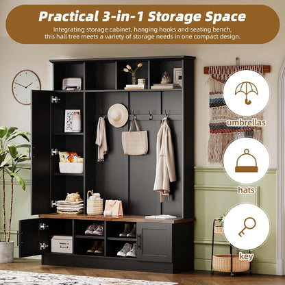Farmhouse Wood Hall Tree with Shoe Bench and 2 Drawers, 4-In-1 Coat Rack with 6 Hooks for Entrance, Hallway, Mudroom Black