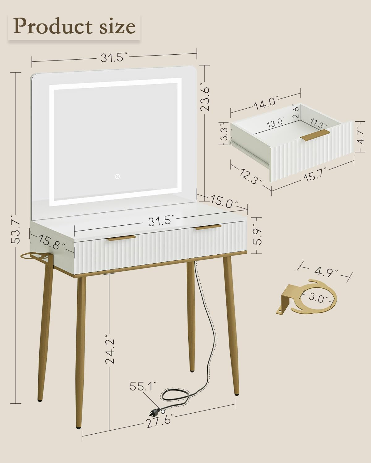 Makeup Vanity Desk with Lights and Mirror, Small Makeup Vanity Table with 2 Drawers, Dressing Table with 3 Adjustable Lighting Color, Small Makeup Desk for Bedroom, White with Gold Leg