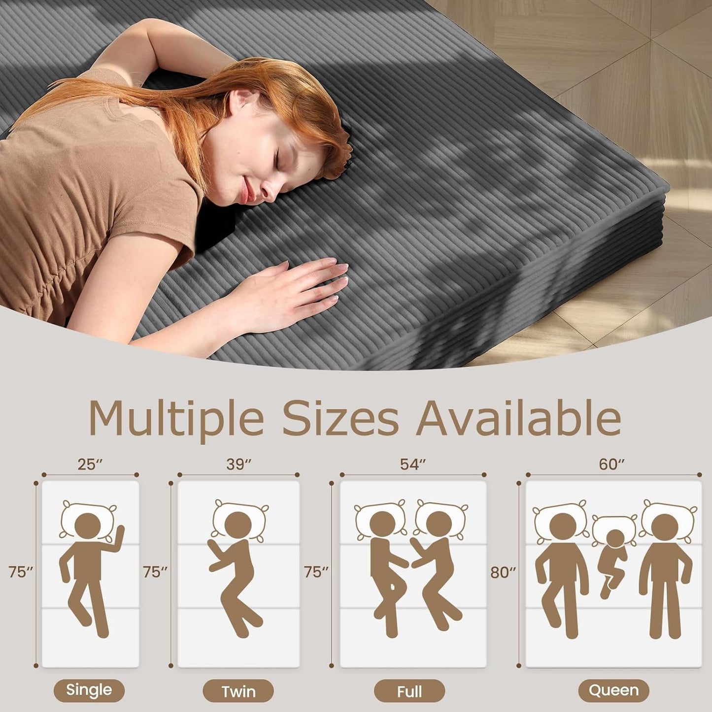 6-Inch Tri-Fold Mattress Full Size - Foldable Futon Sofa Bed with Removable Washable Cover, Folding Memory Foam Futon Mattress | Non-Slip Bottom & Carry Handles for Guest, Camping, Dorm