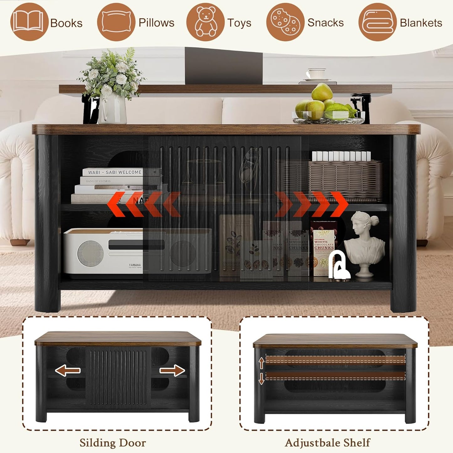 Lift Top Coffee Table with Storage, 31.5" Mid Century Modern Square Coffee Tables for Living Room, Large Hidden Storage Compartment, Adjustable Shelves & Sliding Door, Black