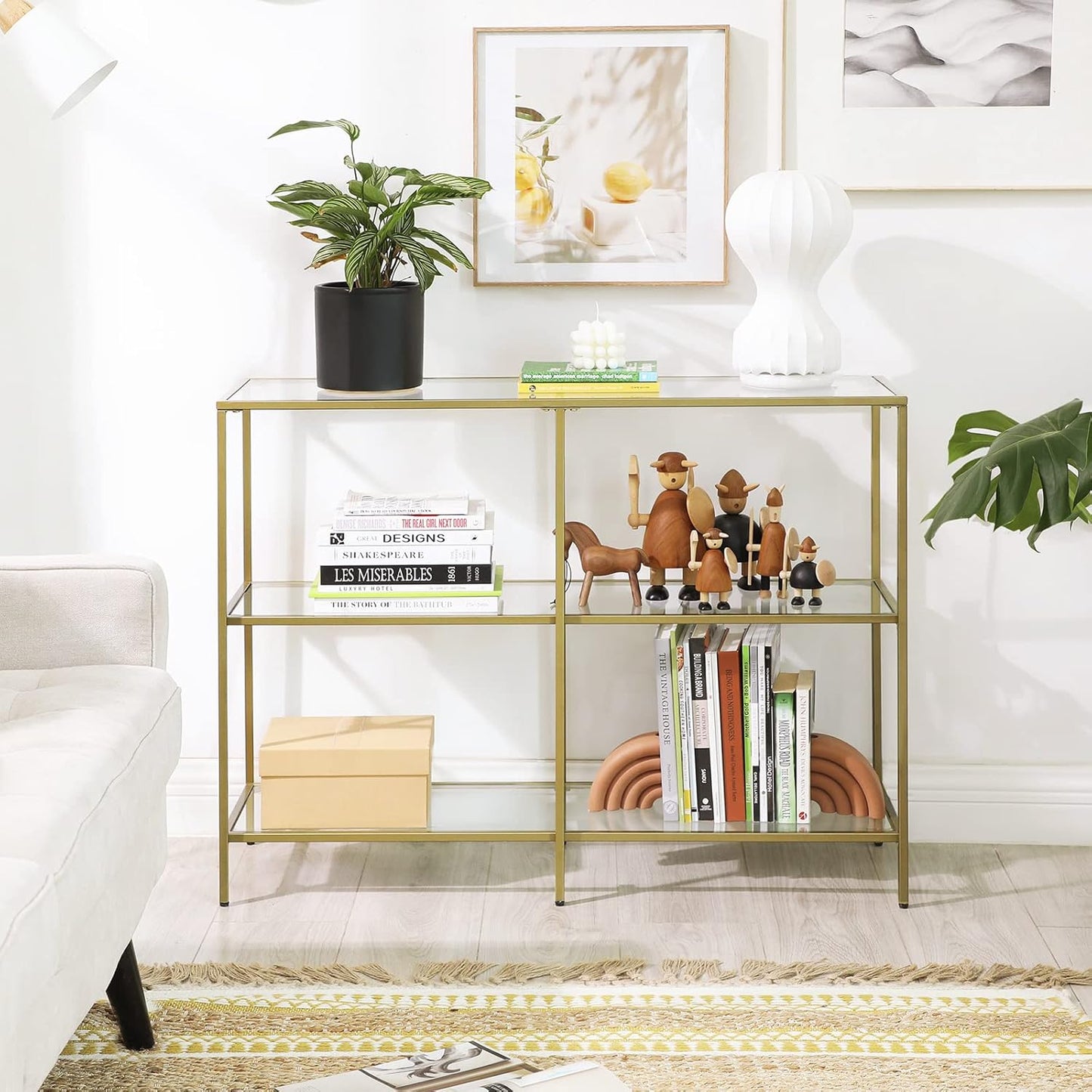 39.4 Inch Console Table with 3 Shelves, Set of 2 Sofa Tables, Modern Entryway Table, Metal Frame, Tempered Glass Shelf, Entryway Living Room Bedroom, Metallic Gold and Transparent ULGT999G01