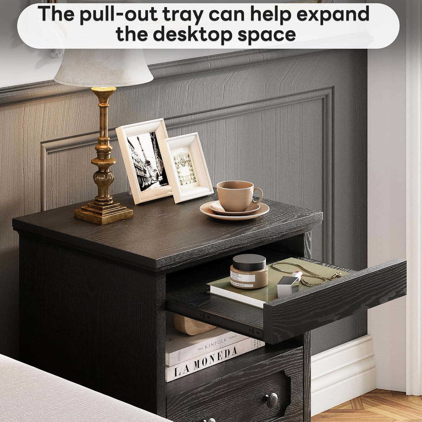 Night Stand, Modern Bedside Table with 2 Drawers, Open Shelf, End Table with Pull-Out Tray, Wood Sidetable, Black