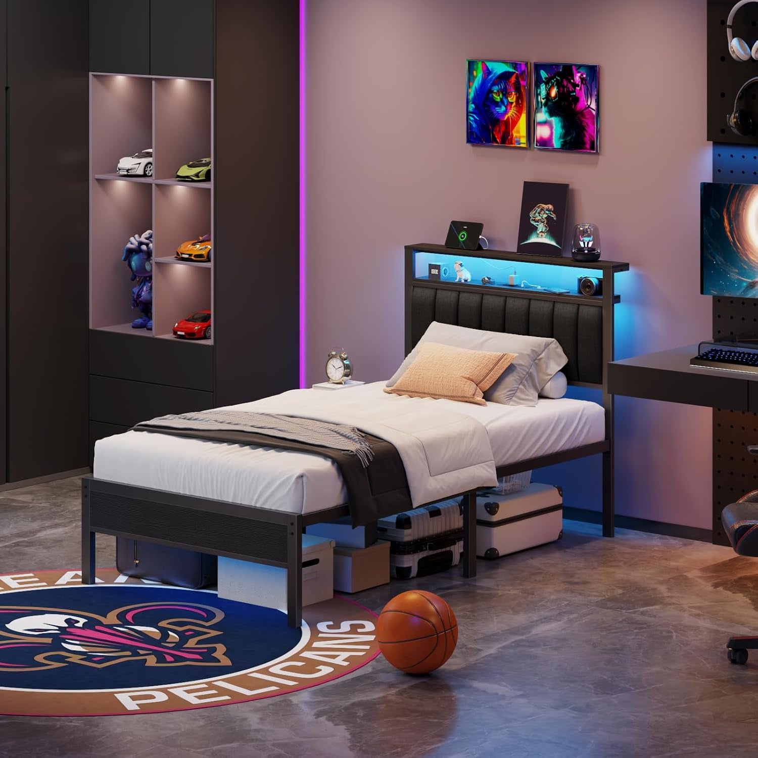 Twin Size Bed Frame with Charging Station and LED Lights, Platform Bed with Metal Slats, Grey Upholstered Headboard with 2-Tier Storage Shelves, No Box Spring Needed