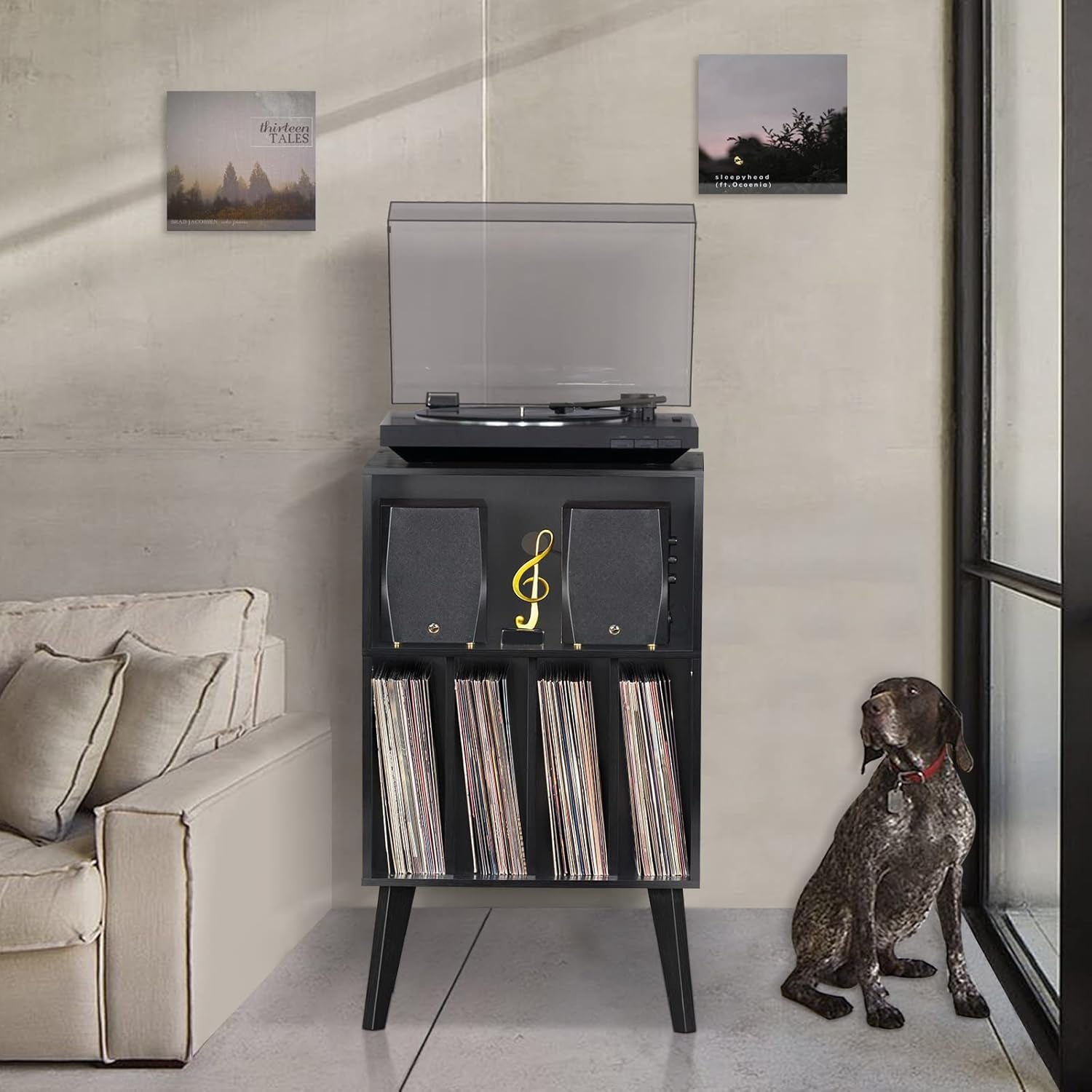 Record Player Stand, Black Turntable Stand Holds up to 160 Albums, Mid-Century Vinyl Storage Cabinet Table with Solid Wood Legs, Record Player Holder Dispaly Shelf for Bedroom Living Room