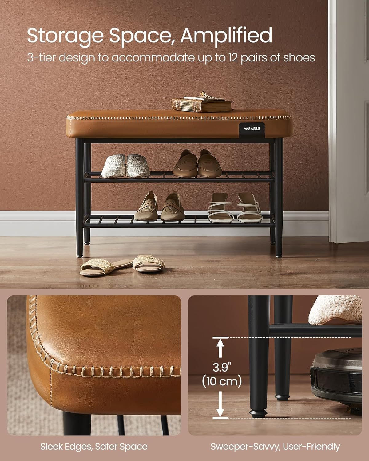 EKHO Collection - Shoe Rack Bench, Storage Bench for Entryway, Synthetic Leather with Stitching, Mid-Century Modern, Loads 300 Lb, 11.8 X 31.5 X 19.7 Inches, Caramel Brown ULSB054K01