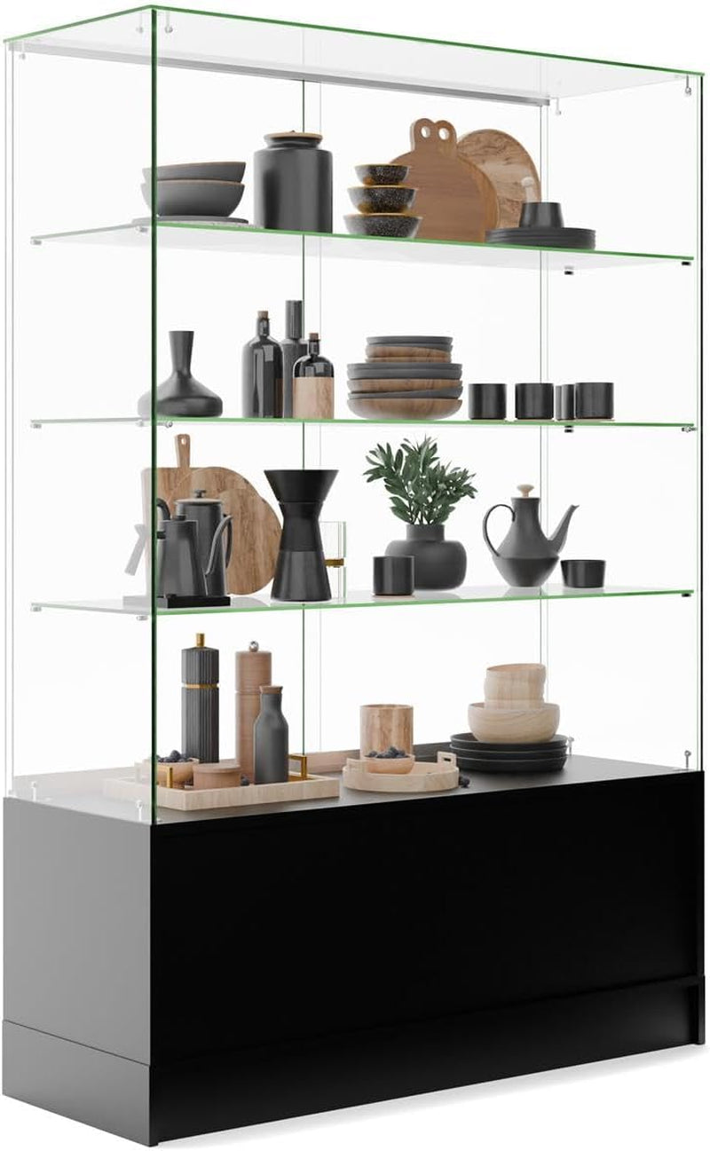 48 Inch Glass Display Cabinet with 3 Glass Shelves, Separate Storage Area in Base, Sliding Doors (Black)