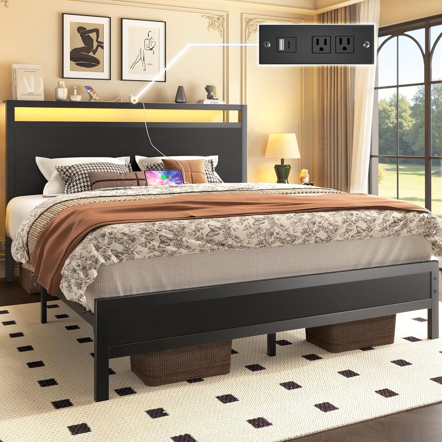 Queen Bed Frame with Headboard & Footboard, Bed Frame with Built-In Charging Station & LED Light, Storage Shelf, Noise-Free, No Box Spring Needed, Easy Assembly, Classic Black