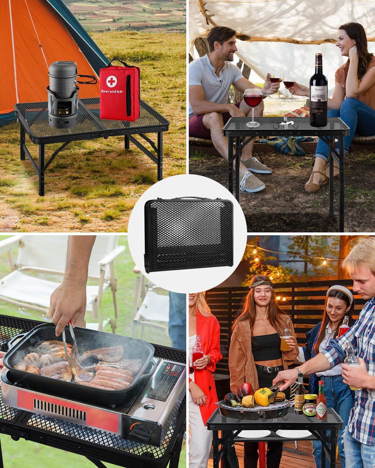 Folding Grill Table, Height Adjustable Aluminum Table with Mesh Desktop and Mesh Bag, Portable Grill Table for Outdoor Camping, Picnic, Patio, Dining, BBQ, Party, Black, 23.6×15.7 Inch