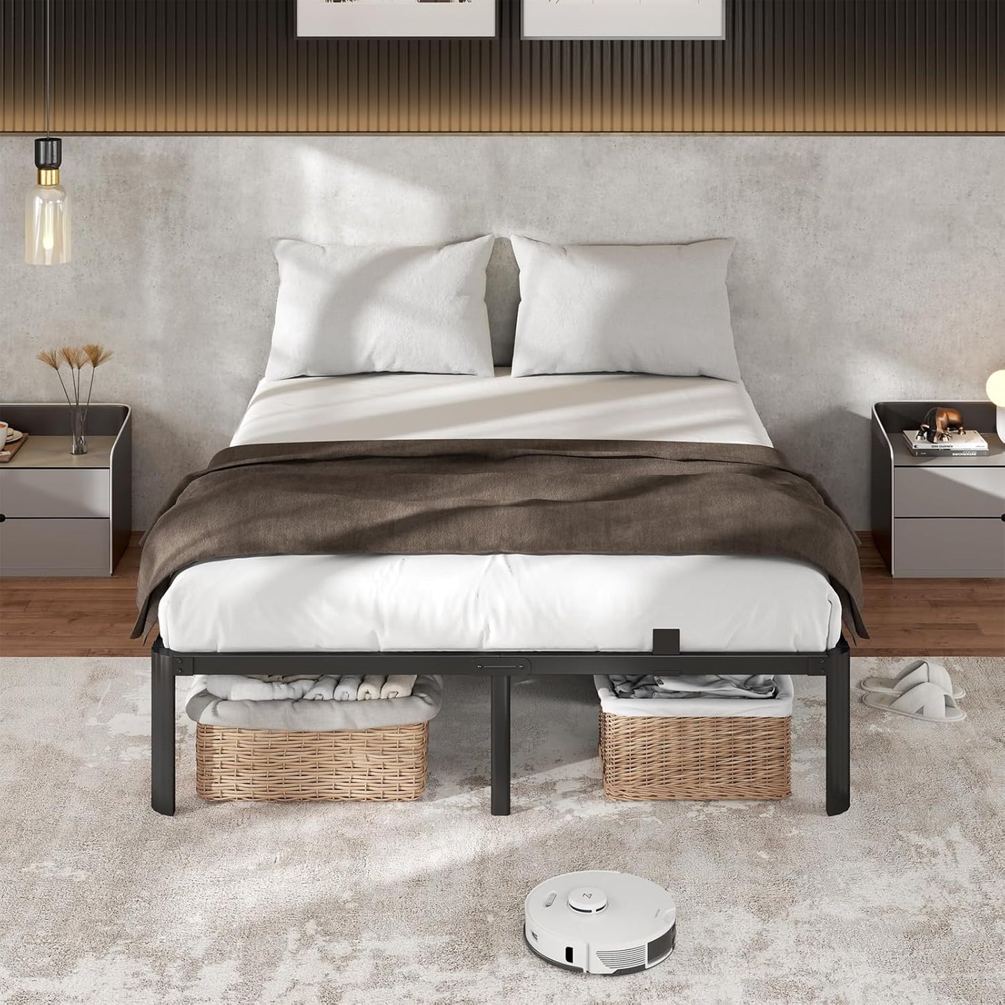 Metal Bed Frame Full Size, 14 Inch 3500 Lbs Heavy Duty Platform Bed Frames Steel Slats Noise Free No Box Spring Needed, Easy Assemble Sturdy Bedframe Rounded Corner with Storage and Mattress Retainers