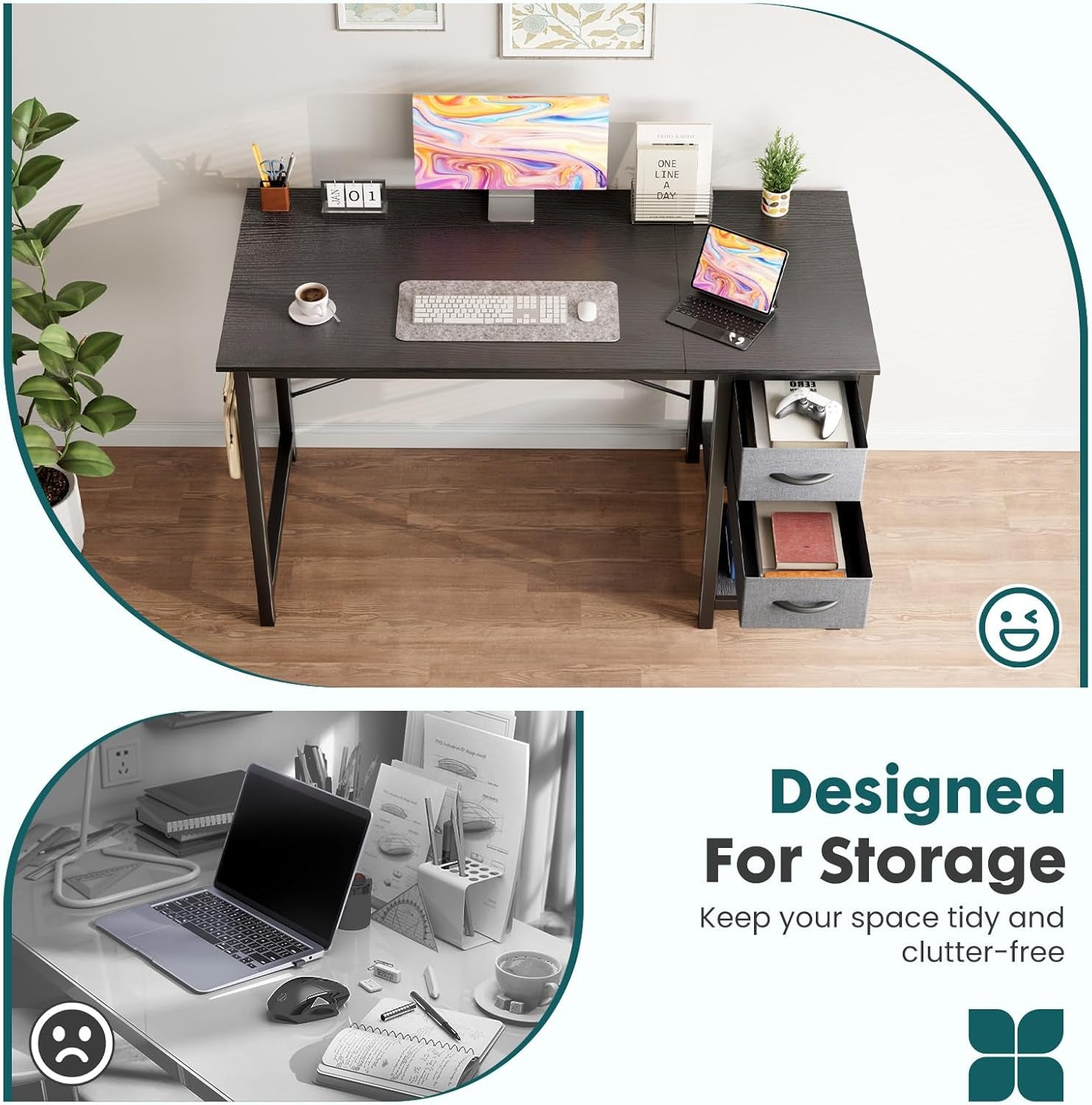 Small Computer Desk with 2 Drawers 40 Inch Home Office Desk Modern Simple Study Writing Table with Storage Shelf for Bedroom, Black