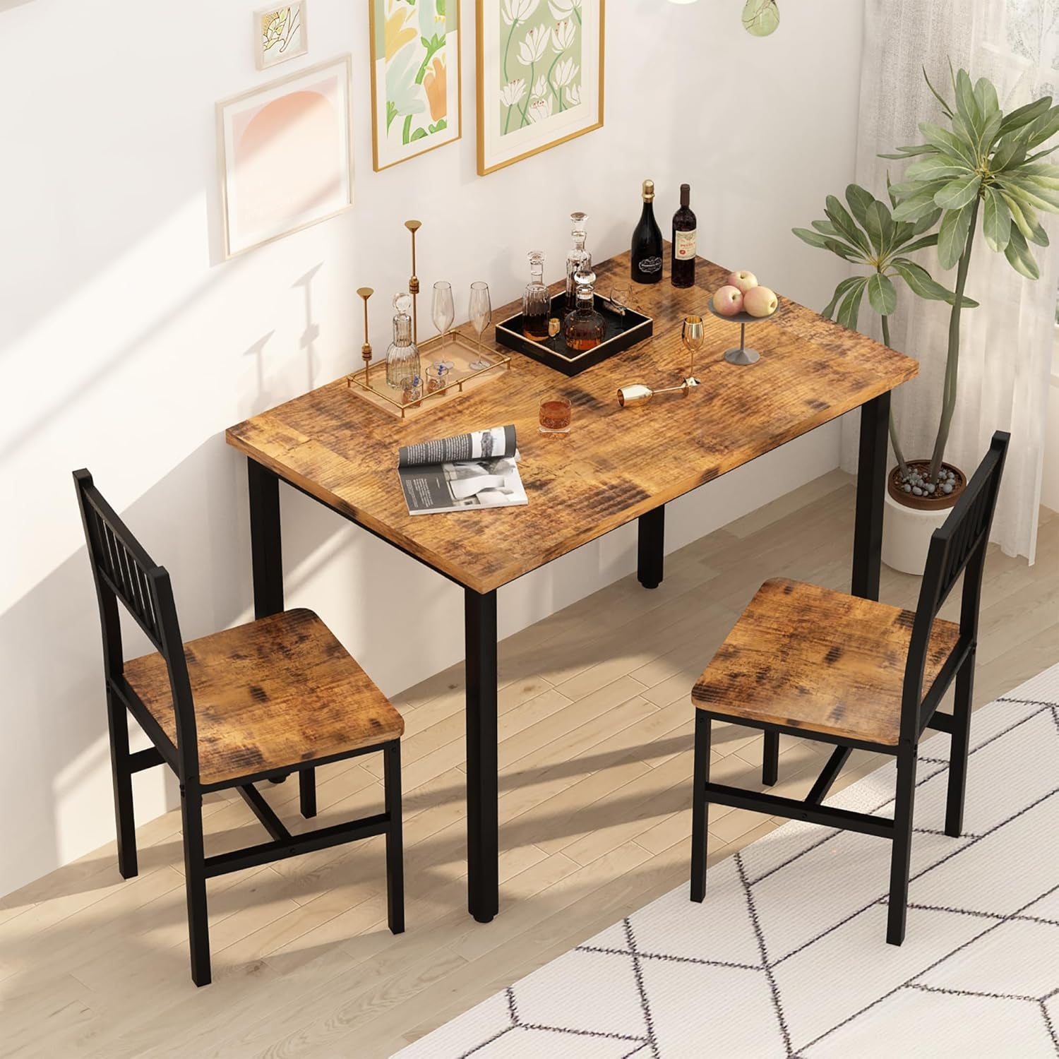 3 Piece Dining Table Set for 2, Small Kitchen Table Set for 2 with Chairs,Wood Breakfast Nook Table and Chairs Set of 2,Dinette Set for Small Space,Dining Room,Apartment, Brown